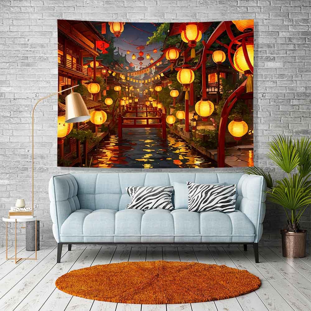 Ine Ive Japanese Tapestry Wall Hanging Large Size 93x71 Inch | Traditional Japan Streets filled with lanterns tapestry for Bedroom Living Room Dorm Office Restaurant Wall Decor BST202