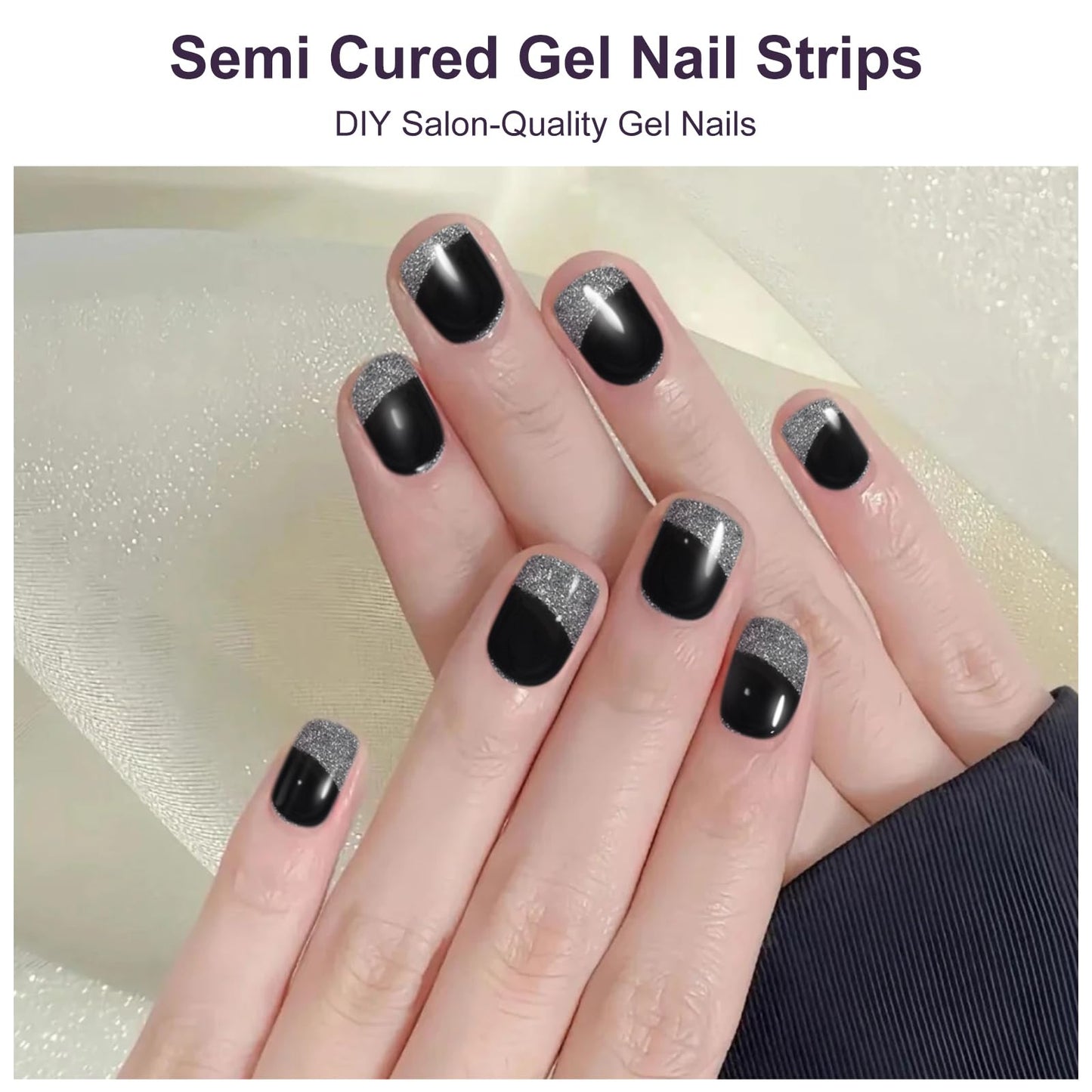 Semi Cured Gel Nail Strips, 56Pcs Nail Art Stickers/Wraps, Long Lasting UV Nail Polish Strips for Adults (Silver Rhinestones+French Tip Glitter) BST220