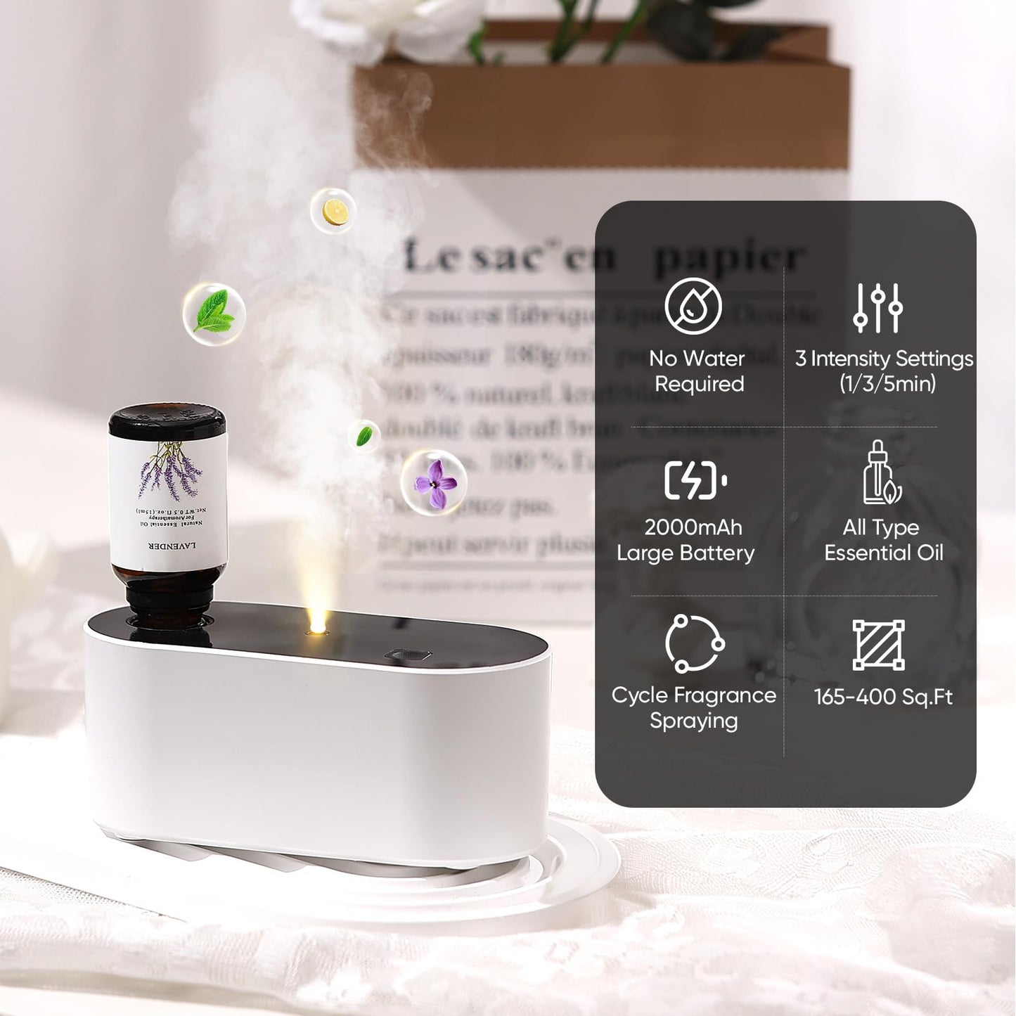 Lecdura Waterless Diffuser for Essential Oil, Battery Operated Scent Air Aromatherapy Diffuser, Mini Aroma Diffusers with 3 Intermittent Mist Modes, Cycle Start for Home Office Bedroom - Rose Gold