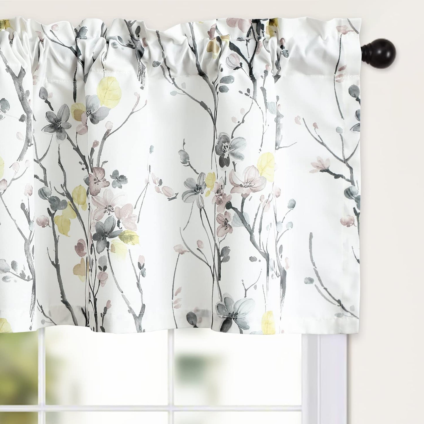 Leeva Farmhouse Kitchen Valances for Windows, Watercolor Blossoming Floral Print Curtains, Soft Faux Linen Curtain Toppers and Valances for Bedroom, 60 x 14 Inch, Brown & Grey, 1 Panel BST220