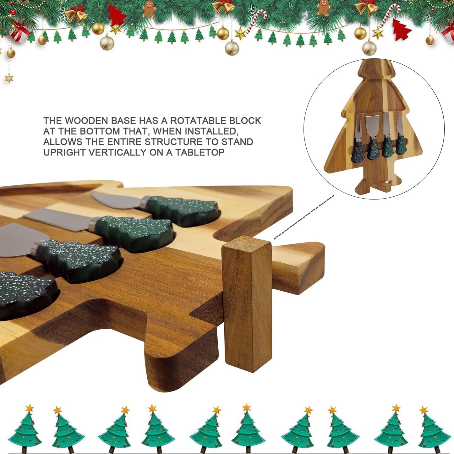 17.3'' Xmas Tree Charcuterie Board Set – Dual-Side Acacia Wood Serving Tray & Cutting Board with 4 Magnetic Knives, Rotating Base – Festive Cheese Platter for Christmas Snacks, Hostess Gift WN420