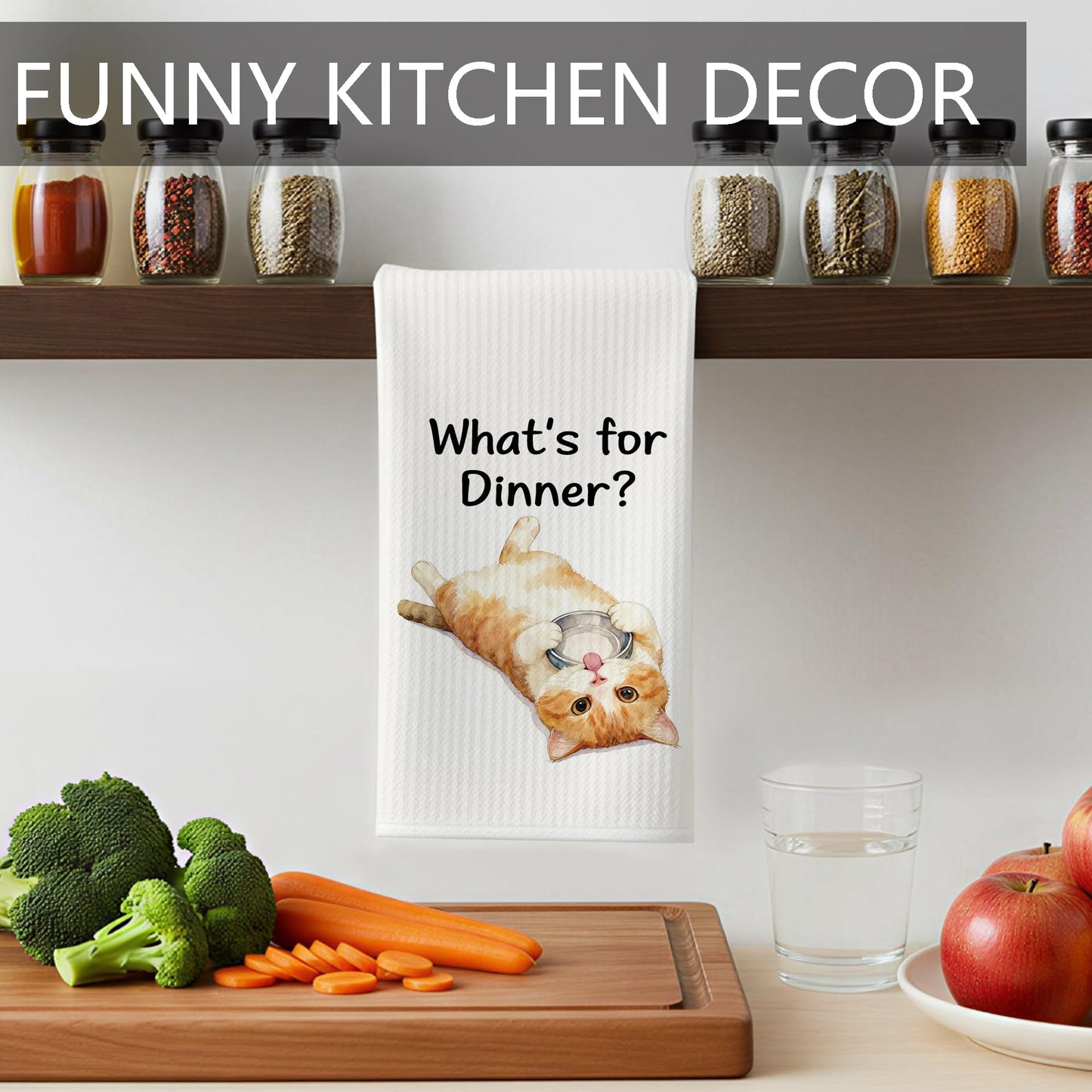 Funny Cat Gifts Kitchen Towels, Cute Cat with Knife and Fork Microfiber Dish Tea Towel for Kitchen Decor, Funny Cats Cooking Decor, is It Dinner Time Yet, 16x24 Inch BST220