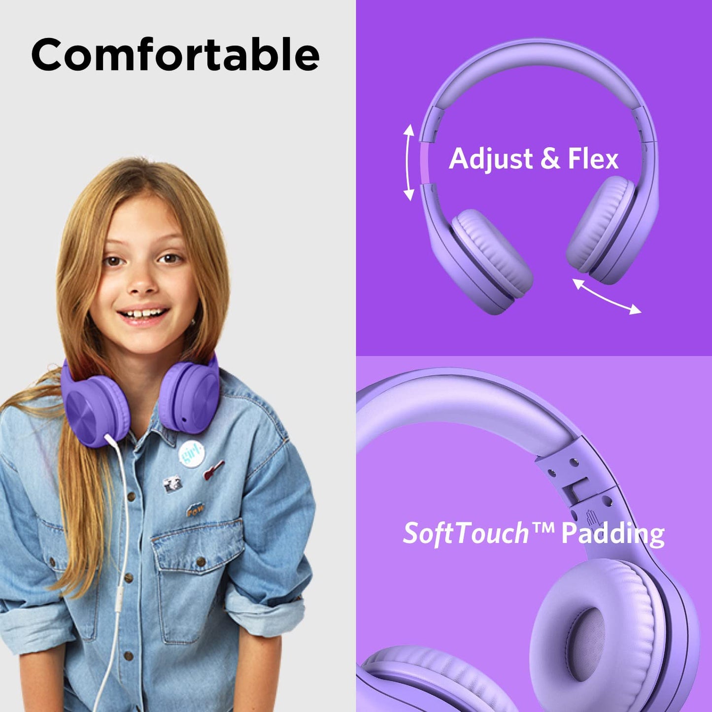 LilGadgets Connect+ Pro Wired Kids Headphones for School with Microphone, Volume Limiting Over-Ear Headset with Cord, SharePort Technology & SoftTouch Padding, Blue