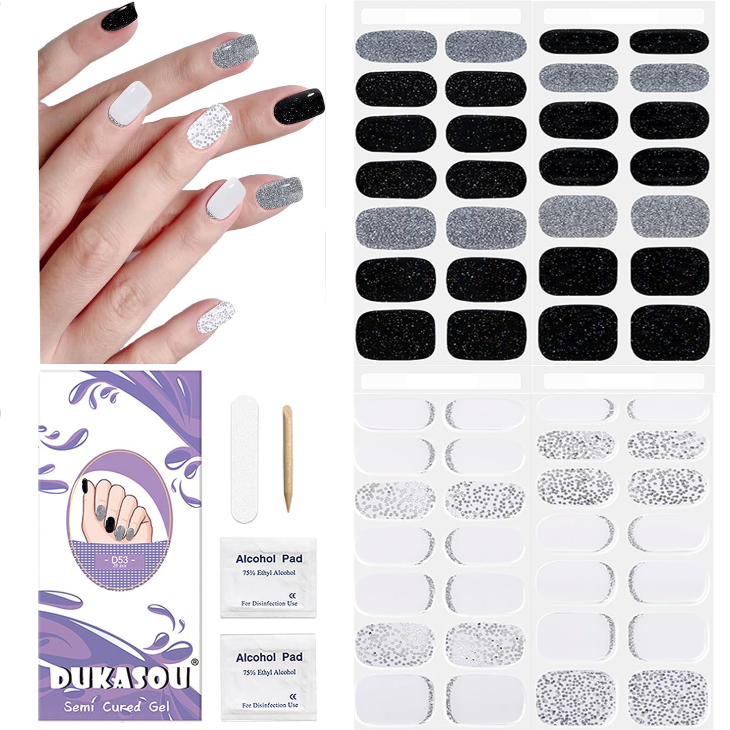 Semi Cured Gel Nail Strips, 56Pcs Nail Art Stickers/Wraps, Long Lasting UV Nail Polish Strips for Adults (Silver Rhinestones+French Tip Glitter) BST220