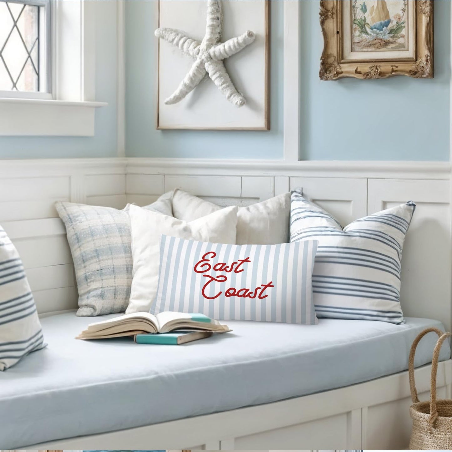 Coastal Beach Girly Room Decor 12x20 Pillow Cover, Preppy Beach Navy Blue Bikini Striped Decorative Lumbar Pillow Covers for Girls Bedroom College Dorm Sofa Couch BST326L