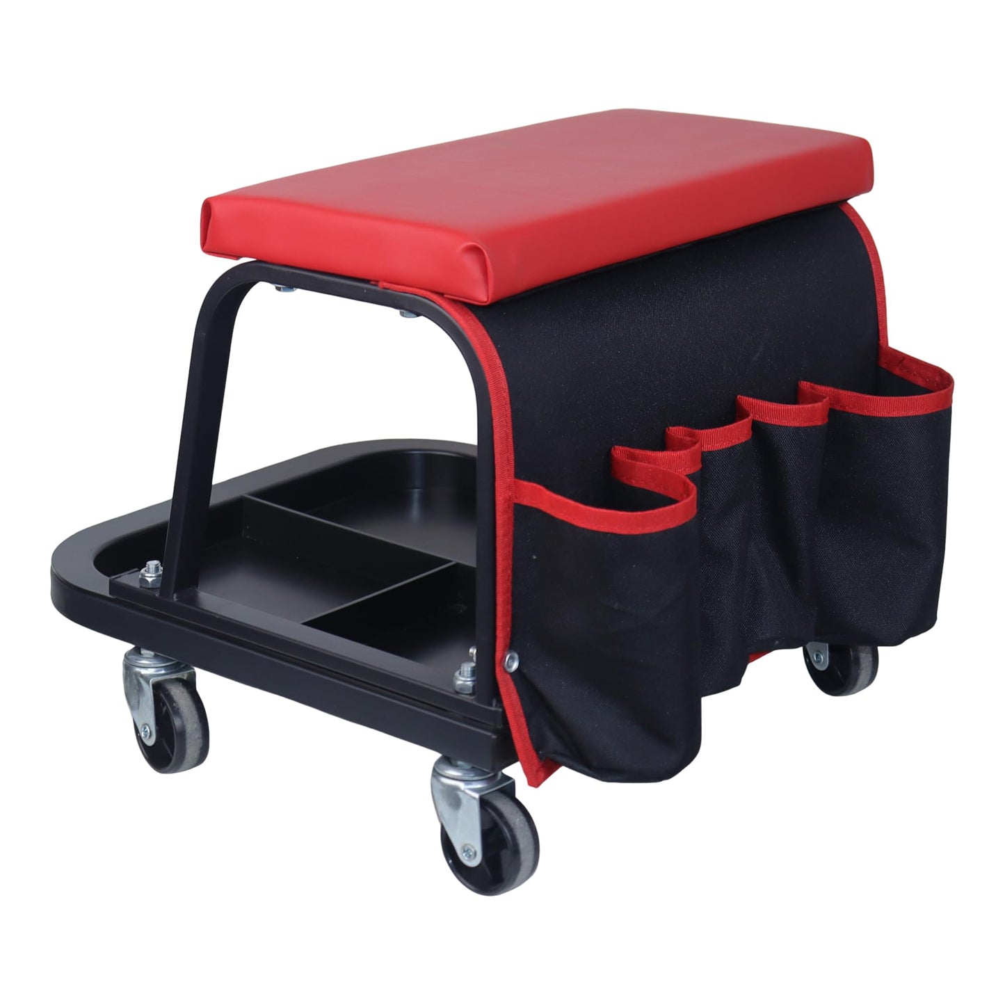 Rolling Mechanic Garage Stool on Wheels with Padded Cushion, Tool Tray Storage and Side Pockets, 300 LBS Capacity, Red BST220