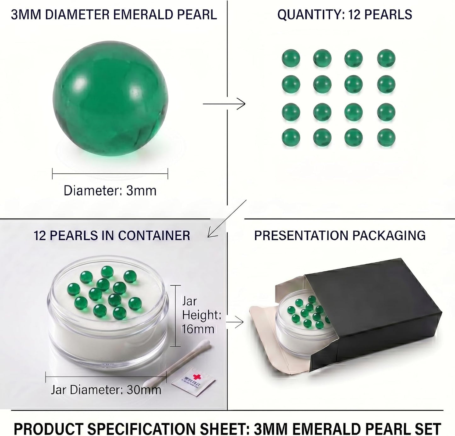 Emerald Pearls, 3mm OD Size Emerald Beads - 12 Pack - 3mm Size Emerald Pearl Accessories for Dipwand Begleri Beads BST326L