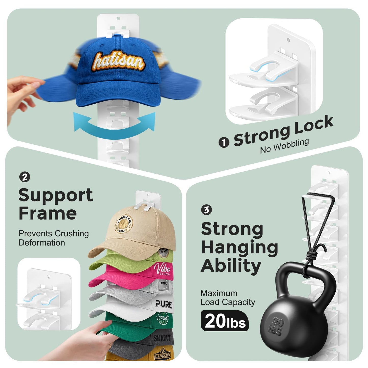 Hat Hook for Wall, 2 Pack Hat Organizer Hold up to 20 Hats,Hat Holder with Strong Adhesive and 8 Pack Screws, Cap Holder Hat Hangers for Wall Closet Door and Bedroom(B-Black) BST220