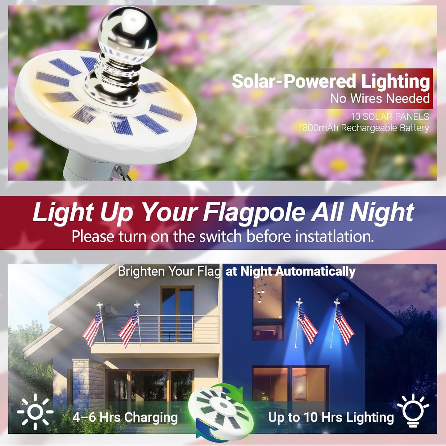 Sprookber 5ft Solar Light Flag Pole kit with American Flag – 180°Adjustable Bracket and Tangle Free Rings, Stainless Steel FlagPoles for Outside House, Residential or Commercial use, Silver WN420