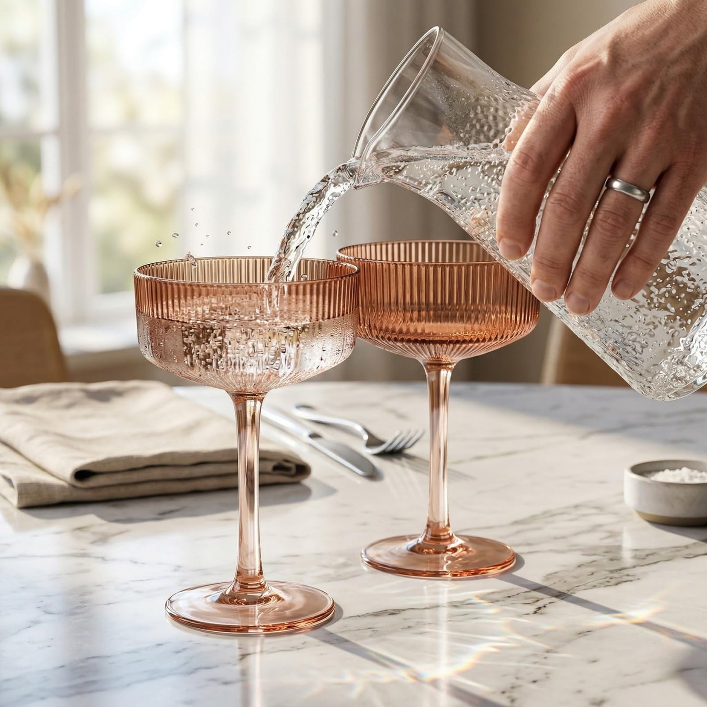 Khen Pink Peach Acrylic Ribbed Coupe Martini Champagne Cocktail Glasses, Set of 4, 8 oz Shatterproof Ripple Stemware European Style Reusable Drinkware Goblets, Indoor Outdoor Parties Weddings Bar Gift BST220