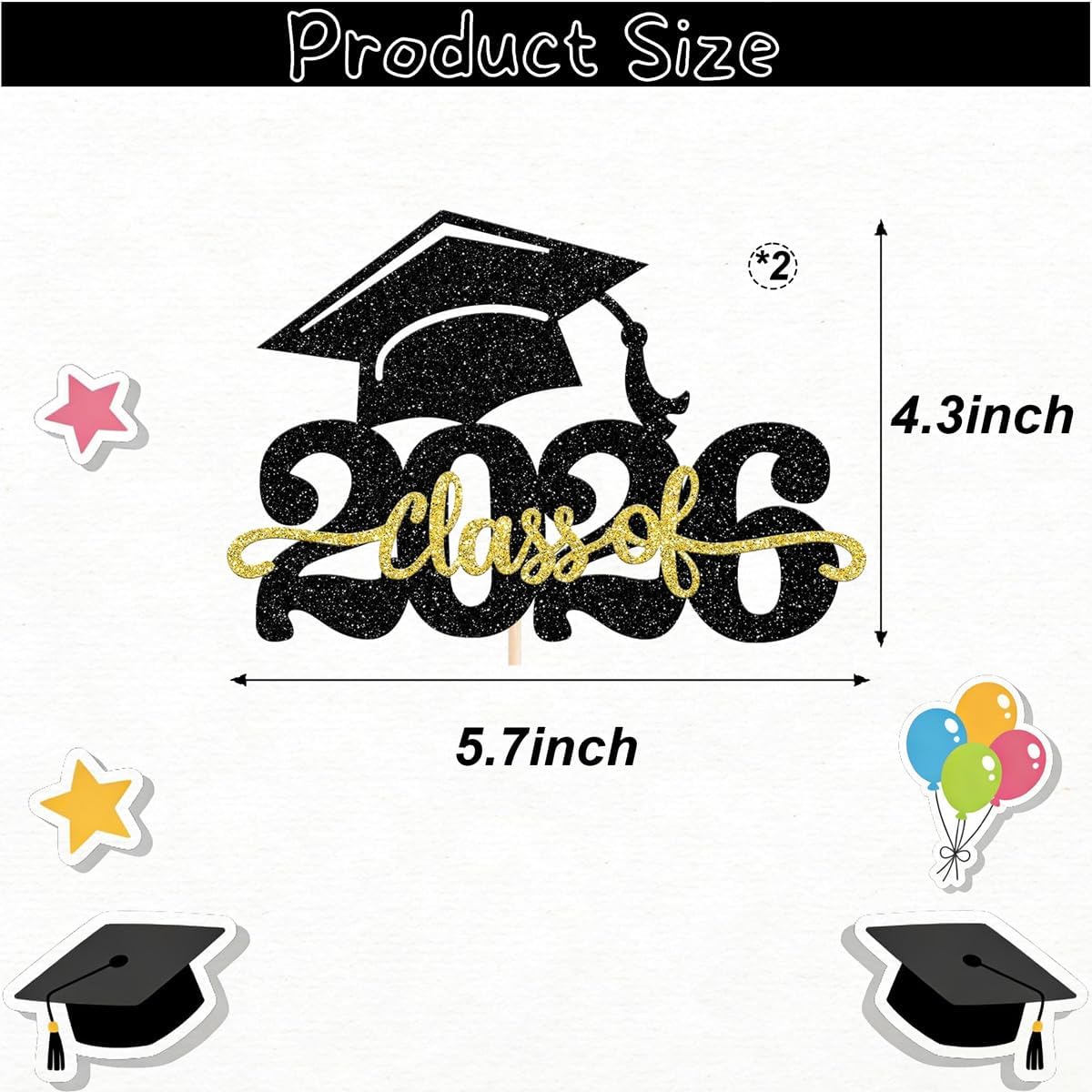 2 Pack Class of 2026 Cake Topper Congrats Grad Cap Graduation Cake | for 2026 Graduation Party Cake Decorations Supplies BST202