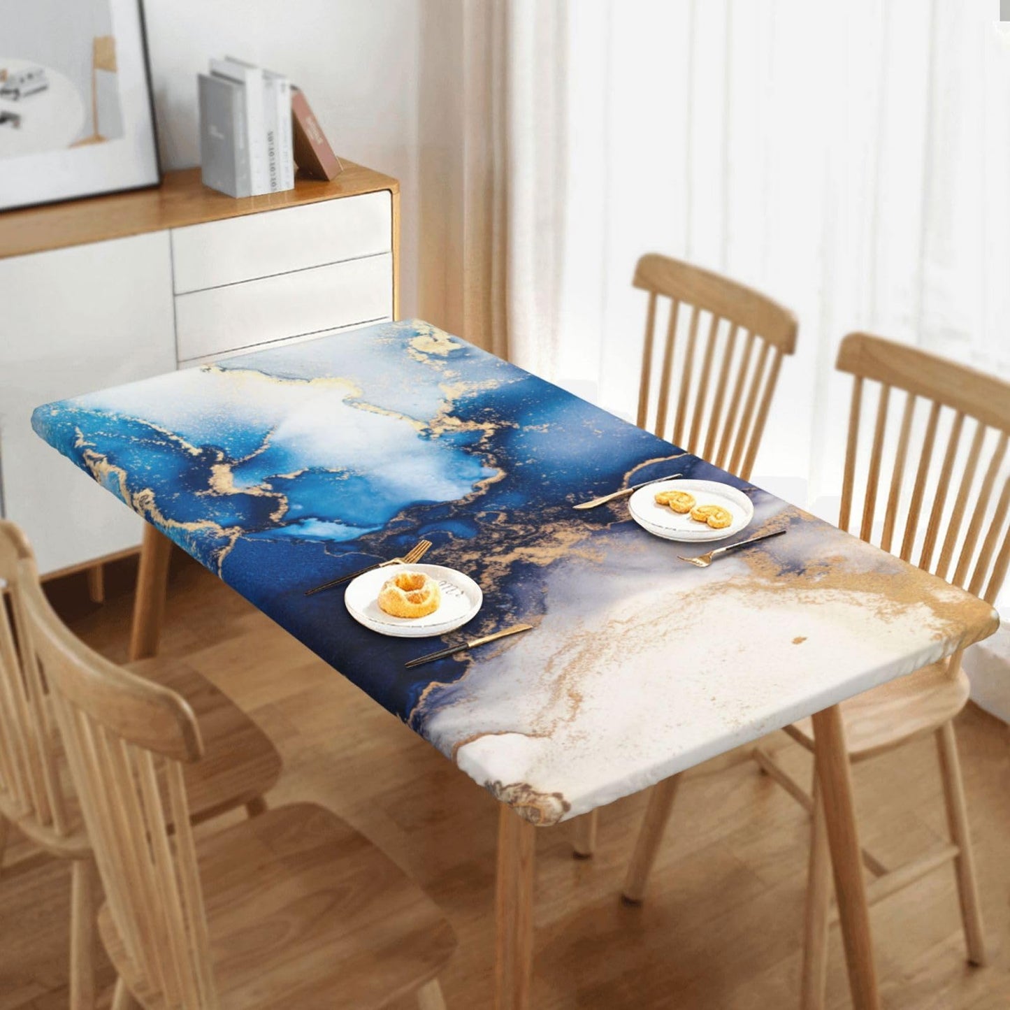 Blue Marble Rectangle Tablecloth with Elastic Edge, 5FT Table Cloths Washable Reusable Rectangular Table Cover for Kitchen Dining Party, 60" L X 30" W BST202