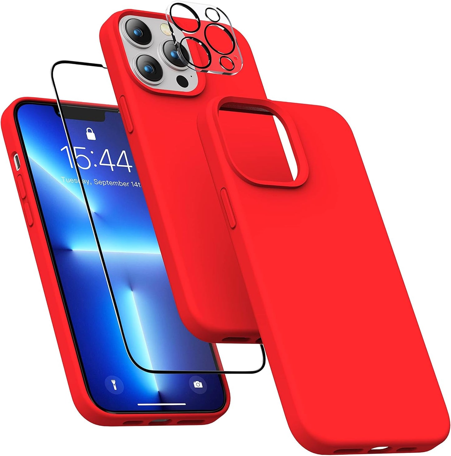 MXX Silicone Case for iPhone 13 Pro Max, W/Screen & Camera Lens Protector, Phone Cover Soft Anti-Scratch Microfiber Lining, Liquid Gel Finish Coating Full-Body Protective 6.7" (Red) WN420