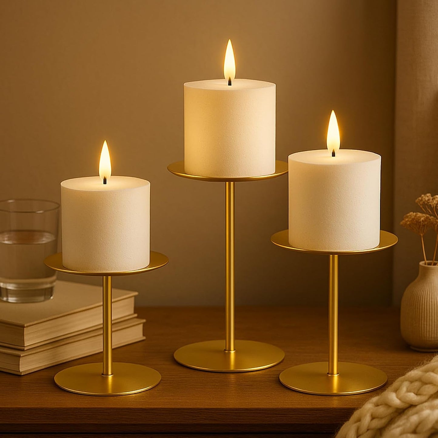 smtyle Gold Metal Candle Holder Sets for Pillar Candles Set of 3 Wedding Table Centerpiece Candle Holders, Minimalist Farmhouse Decor for Fireplace Mantel & Dining Room BST326H