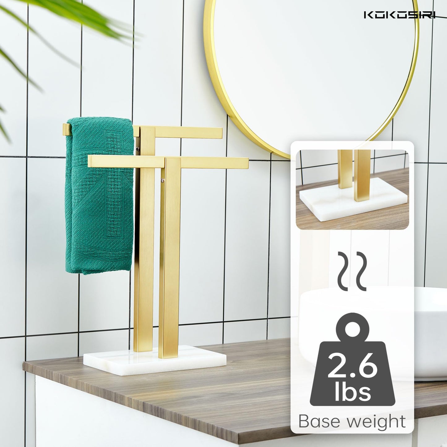 KOKOSIRI Hand Towel Holder Black Stand Towel Rack with Marble Base for Bathroom Kitchen Vanity Countertop, Stainless Steel 15.7'' Height THS0002-SM-BK BST202