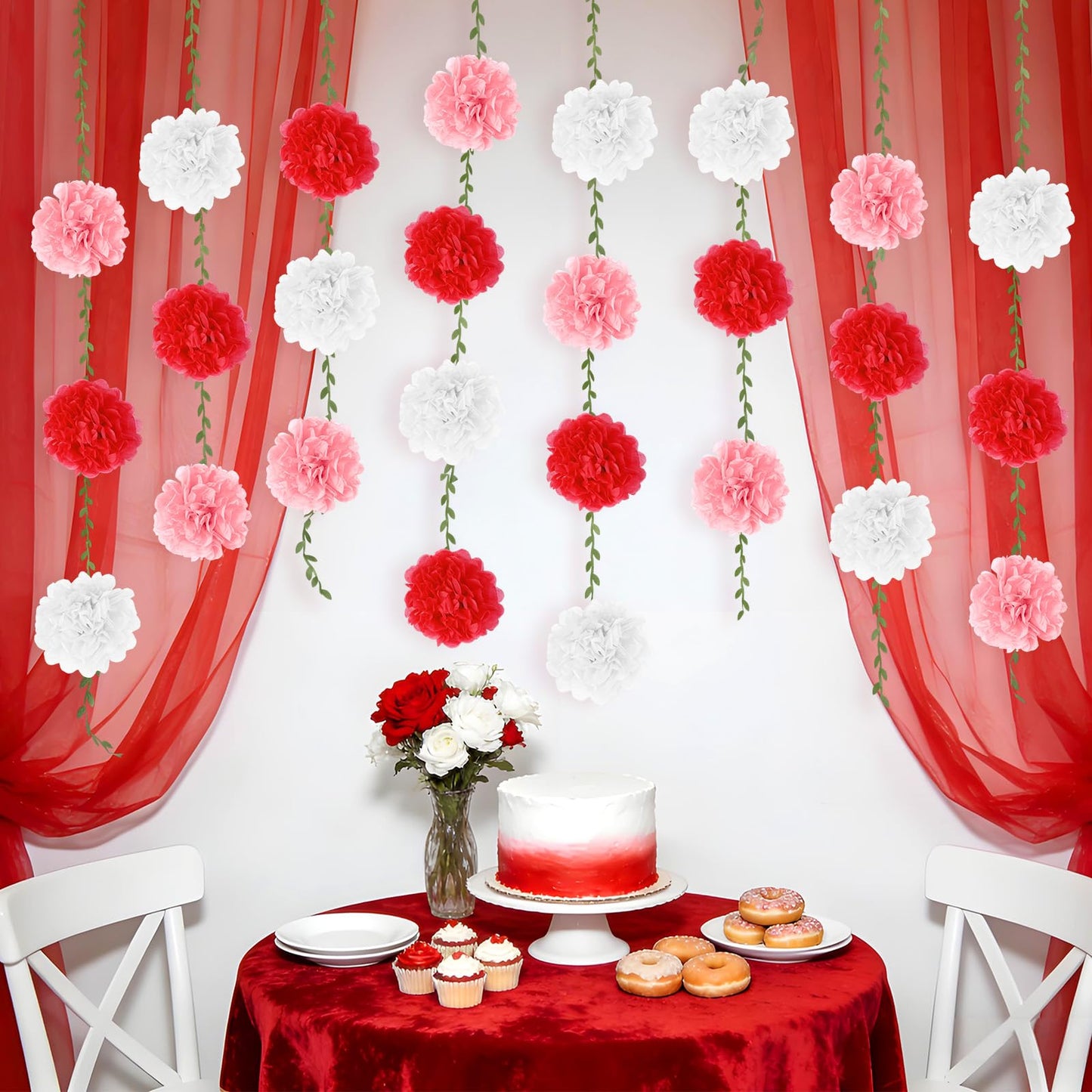 kreat4joy 4pack Pink Purple Tissue Paper Pom Poms Flowers Garland Leaf Ribbon 98.42inches Pre-Strung Reusable Ceiling for Birthday Baby Shower Wedding Bridal Shower Home Event Wall Party Decoration BST220
