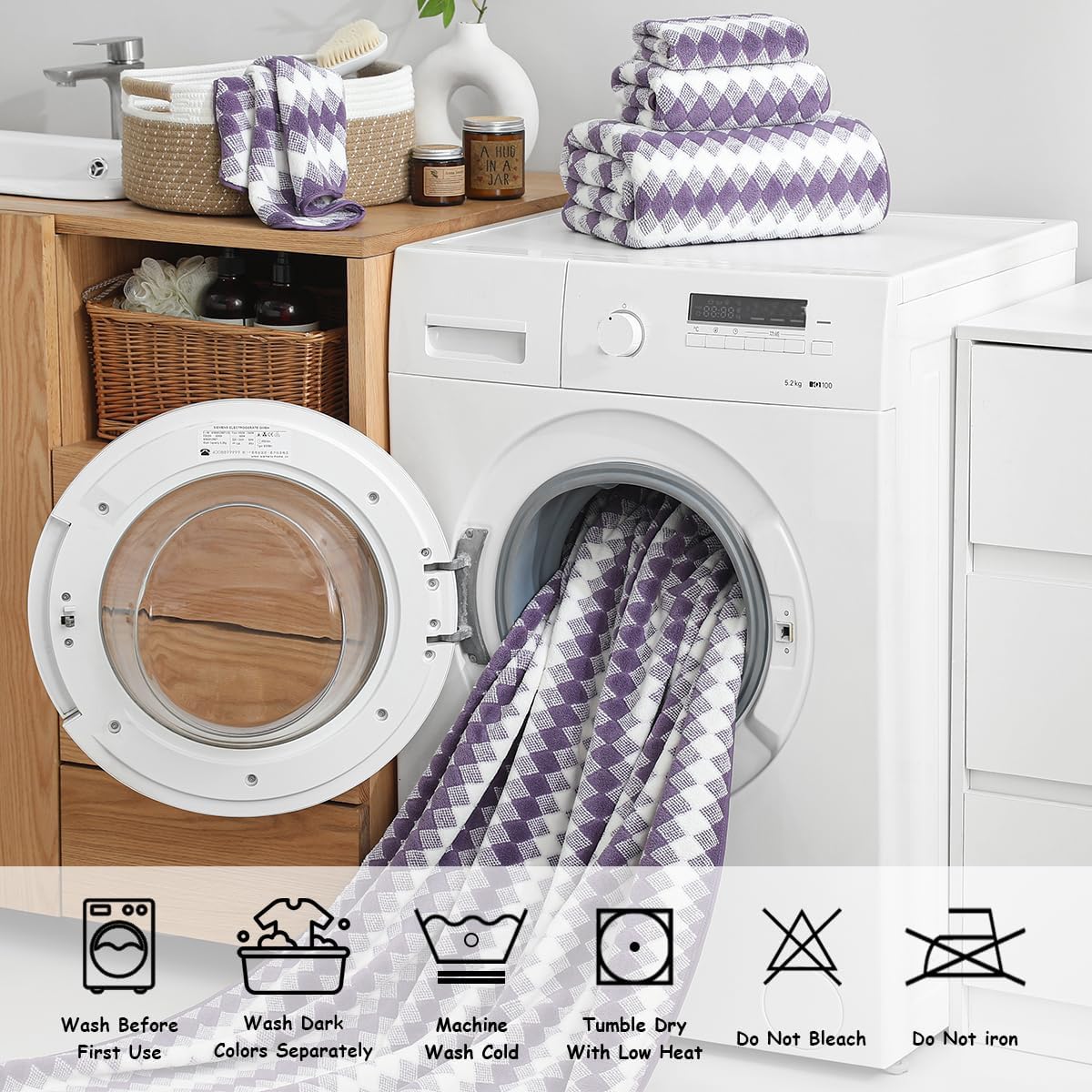 12 Pcs Light Gray Diamond Towel Set-4 Bath Towels,4 Hand Towels,4 Washcloths Soft Polyester Towels with Loop Absorbent Shower Towel Quick Dry Beach Chair Towel Family Towels for Bathroom Spa Gym Pool BST220