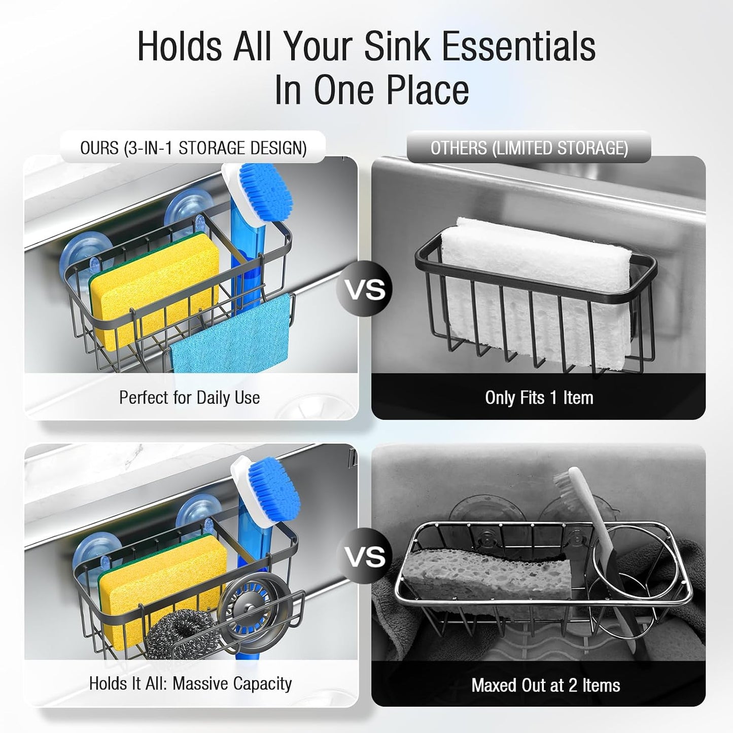 3-in-1 Kitchen Sink Caddy Organizer with Sponge Holder, Brush Holder, Extra Rack for Scrubber, Sink Stopper, Dish Cloth Hanger - Strong Dual Suction Cup, 2.0mm SUS304 Stainless Steel - Grey WN420