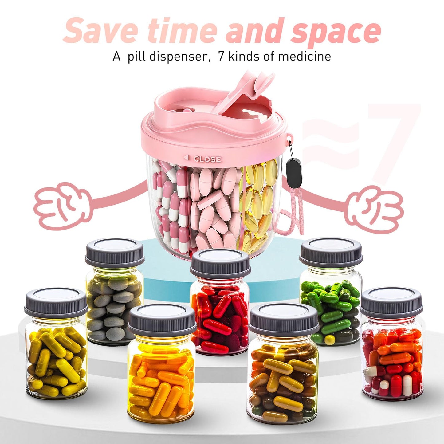 Cute Pill Organizer,Pill Dispenser with 7 Large Compartments,Portable Pill Bottle Box with Wide Opening for Easy Use, Anti-Mix Pills Organizer for Travel,Includes 20 Pcs Sticky Labels(Black) WN420