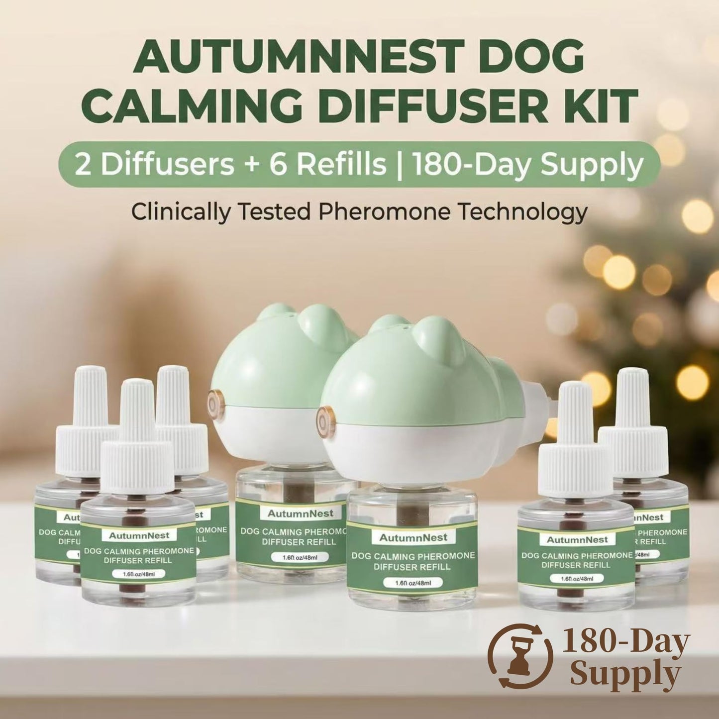 8-in-1 Dog Calming Pheromone Diffuser Kit – Pet Stress Support (2 Plug-Ins & 6x48ml Refills), Calming Diffuser for Dog During Thunderstorms, Travel, Separation, Fireworks & Vet Visits, 180-Day Supply WN420
