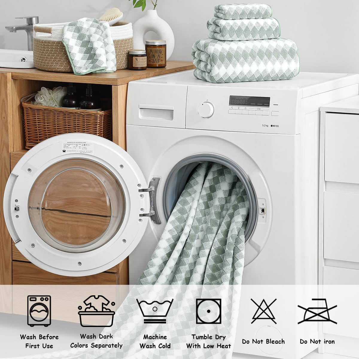 12 Pcs Light Gray Diamond Towel Set-4 Bath Towels,4 Hand Towels,4 Washcloths Soft Polyester Towels with Loop Absorbent Shower Towel Quick Dry Beach Chair Towel Family Towels for Bathroom Spa Gym Pool BST220