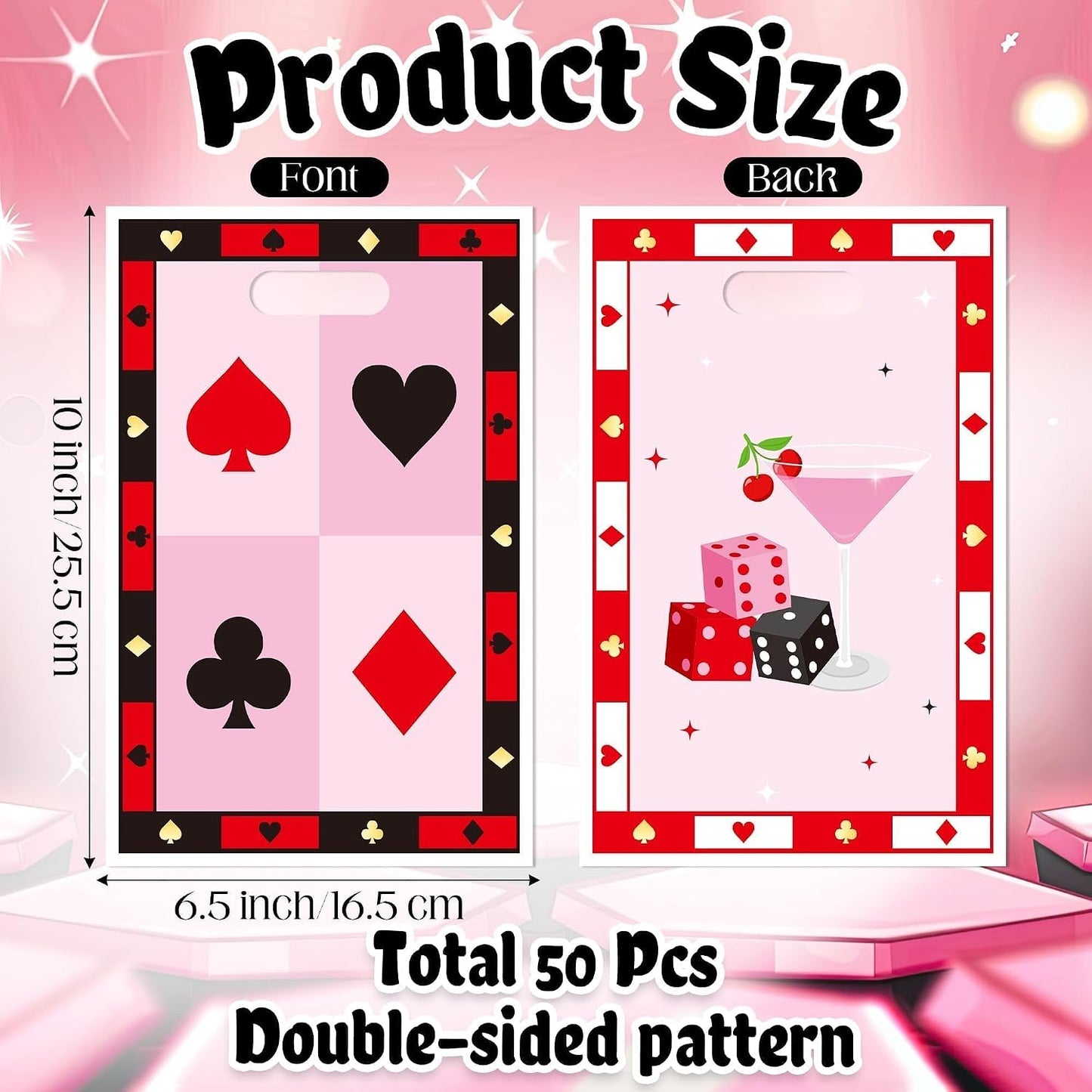 Salovio Pink Casino Party Favor Bags 50Pcs Candy Cookie Treat Goodie Plastic Bags with Handle for Birthday Music Party Supplies Casino Game Night Poker Events Carnival Wedding for Adults Womens Mens BST202
