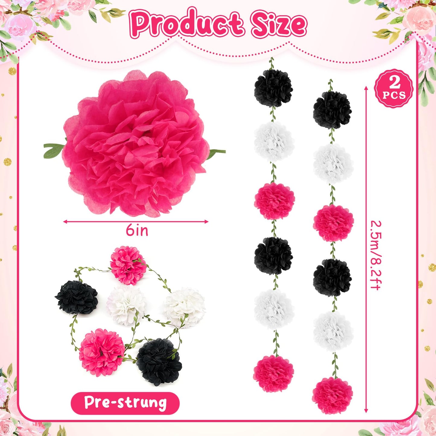 kreat4joy 4pack Pink Purple Tissue Paper Pom Poms Flowers Garland Leaf Ribbon 98.42inches Pre-Strung Reusable Ceiling for Birthday Baby Shower Wedding Bridal Shower Home Event Wall Party Decoration BST220