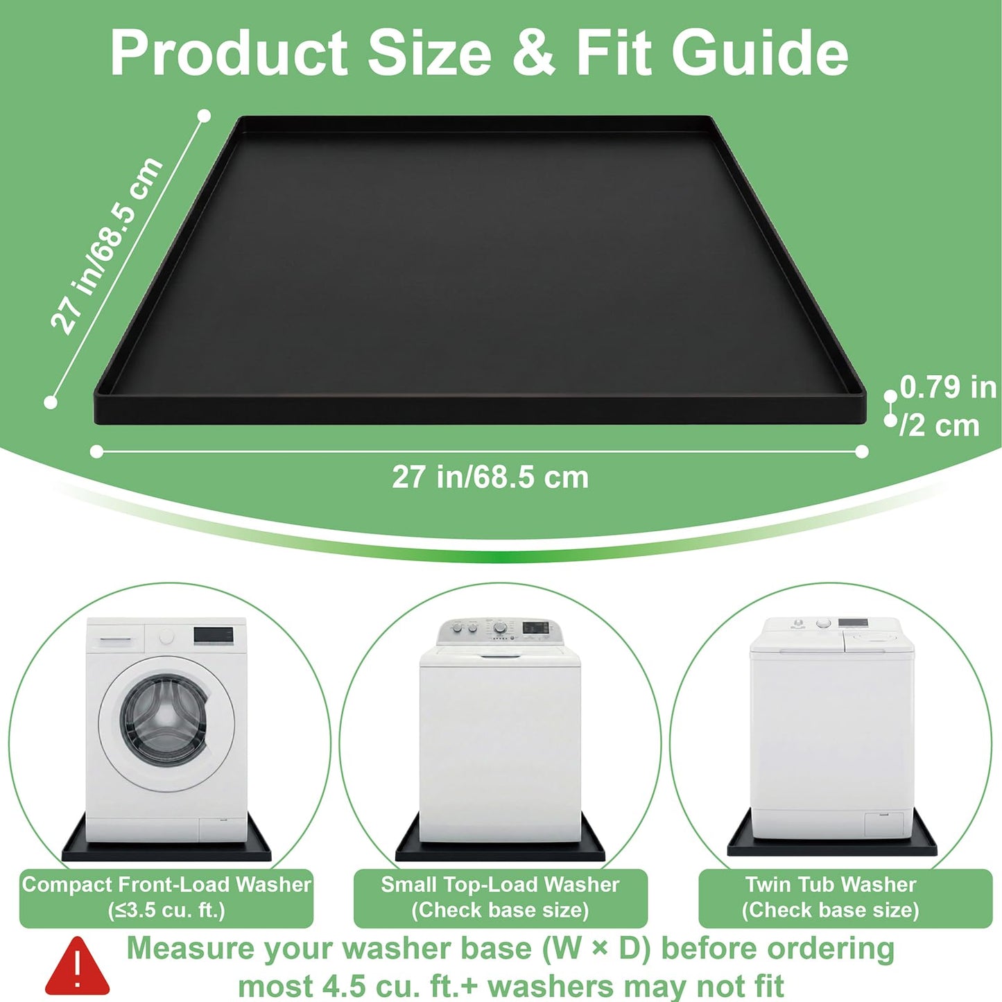 27 x 27 Inch Washing Machine Drain Pan, Silicone Washer Pan, Grey | 2cm Raised Waterproof Edge, Washer and Dryer Mat for Floor Protection, Fits Compact Washers Up to 3.5 Cu.Ft. BST220