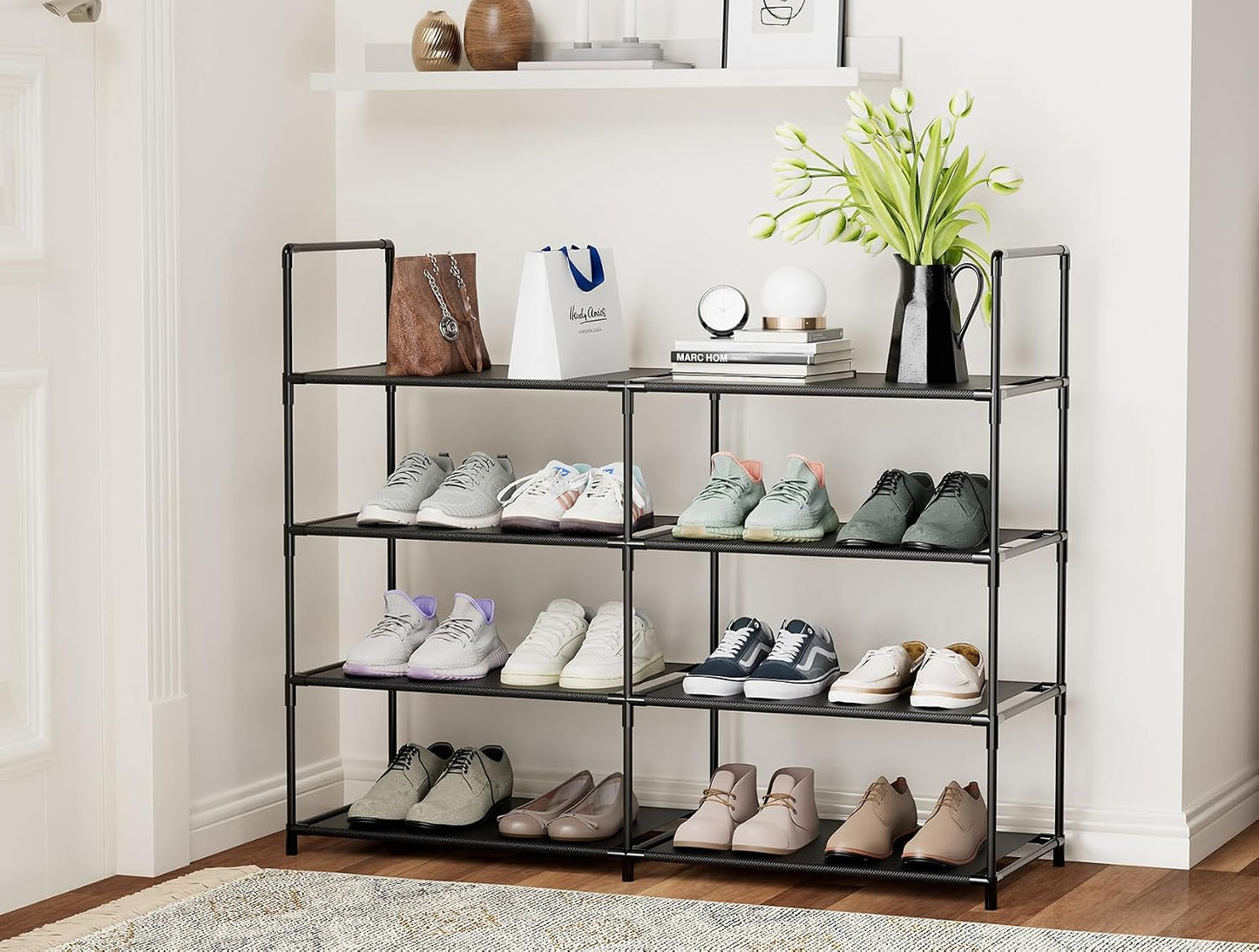 FIDUCIAL HOME 4 Tiers Shoe Rack Organizer 16-20 Pairs Stackable Shoe Storage Shelf Durable for Closet Entryway, Black BST220