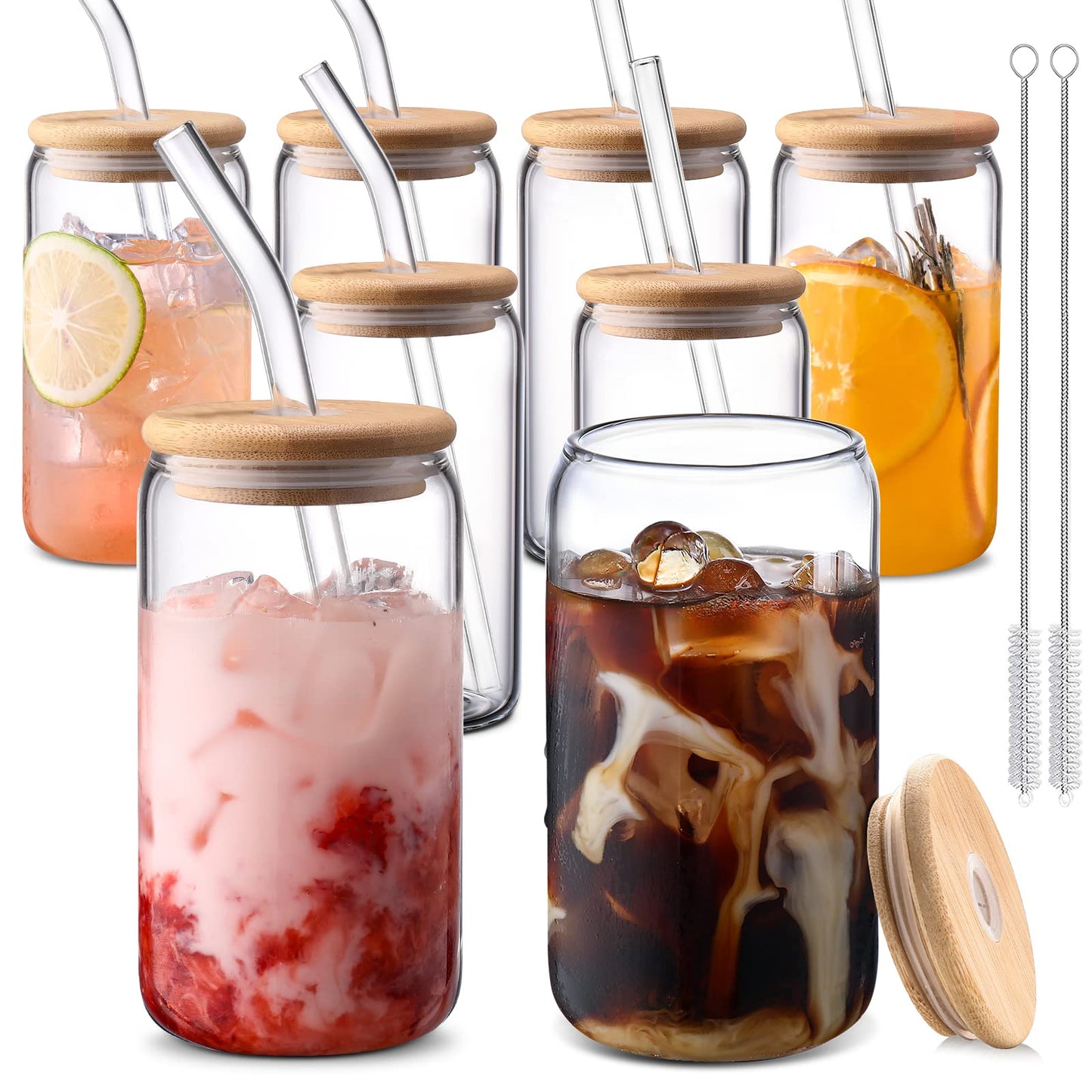 DWTS DANWEITESI Glass Cups “20oz”,Glass Cups with Lids and Straws 4 pcs-Coffee Cups,Drinking Glasses Set,Glass Tumbler with Straw and Lid Gift 2 Cleaning Brushes 600ml BST202