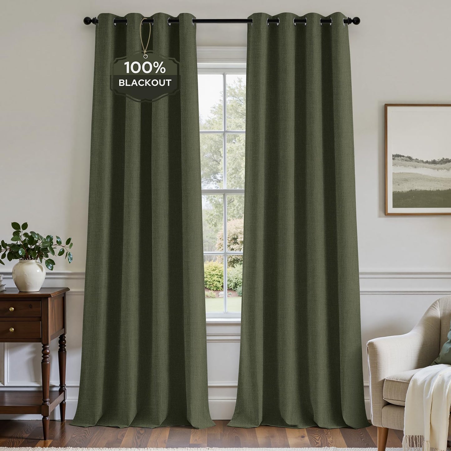 HOMEIDEAS 100% Ivory Cream Linen Blackout Curtains for Bedroom, 52 x 96 Inch Length 2 Panels Faux Linen Thermal Insulated Black Out Grommet Window Drapes for Living Room BST202