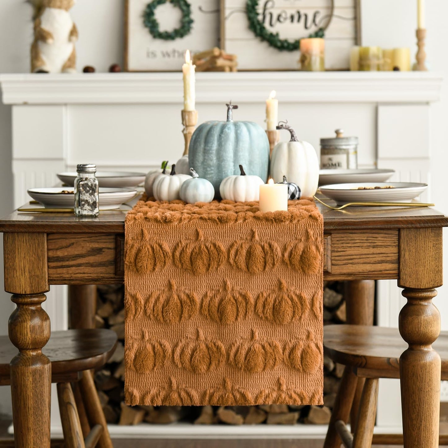 Halloween Pumpkin Table Runner Quilted Plush 3D Table Runners Fall Autumn Ivory Halloween Runners for Tables Kitchen Dining Decorations Party Supplies 13x37 Inch WN420