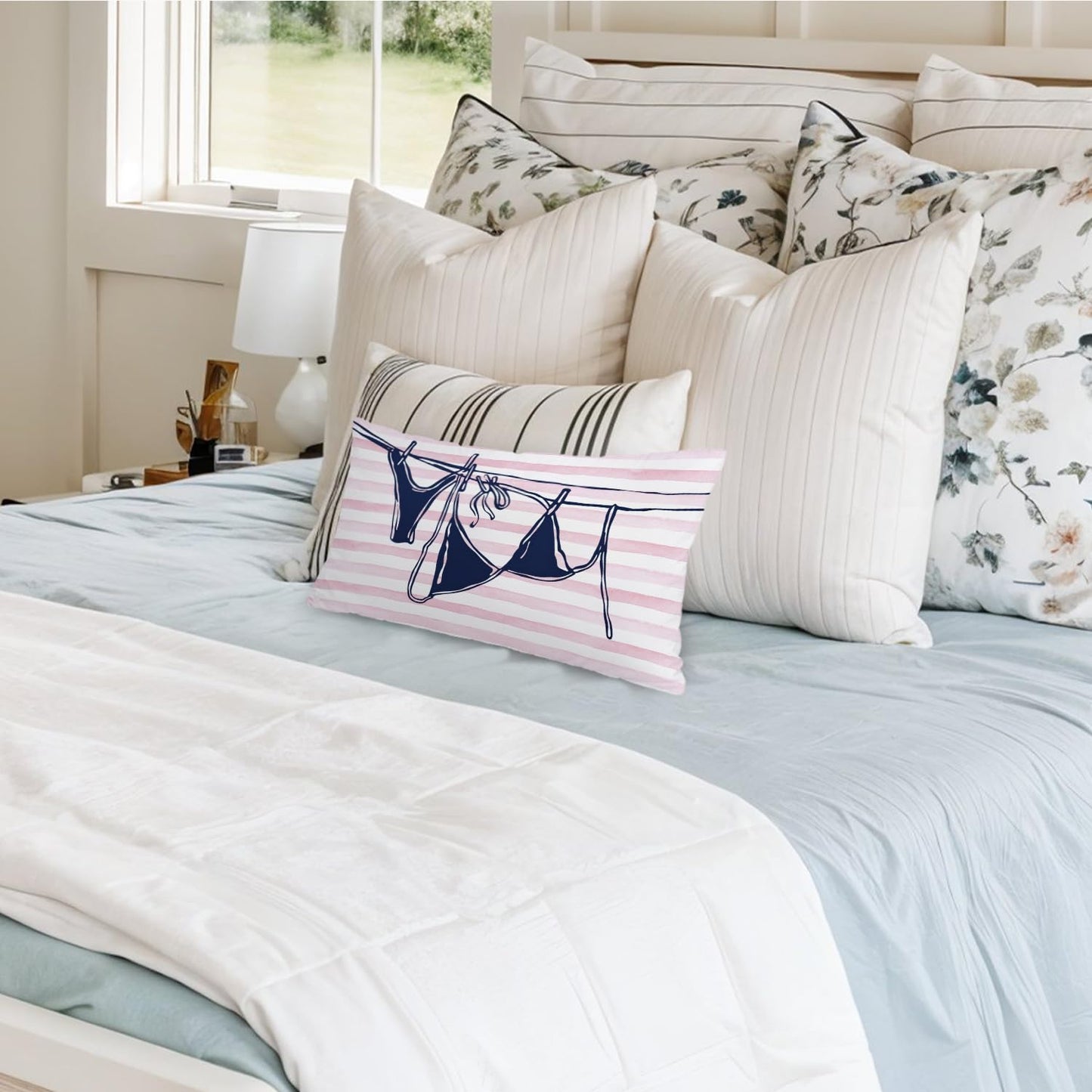 Coastal Beach Girly Room Decor 12x20 Pillow Cover, Preppy Beach Navy Blue Bikini Striped Decorative Lumbar Pillow Covers for Girls Bedroom College Dorm Sofa Couch BST326L