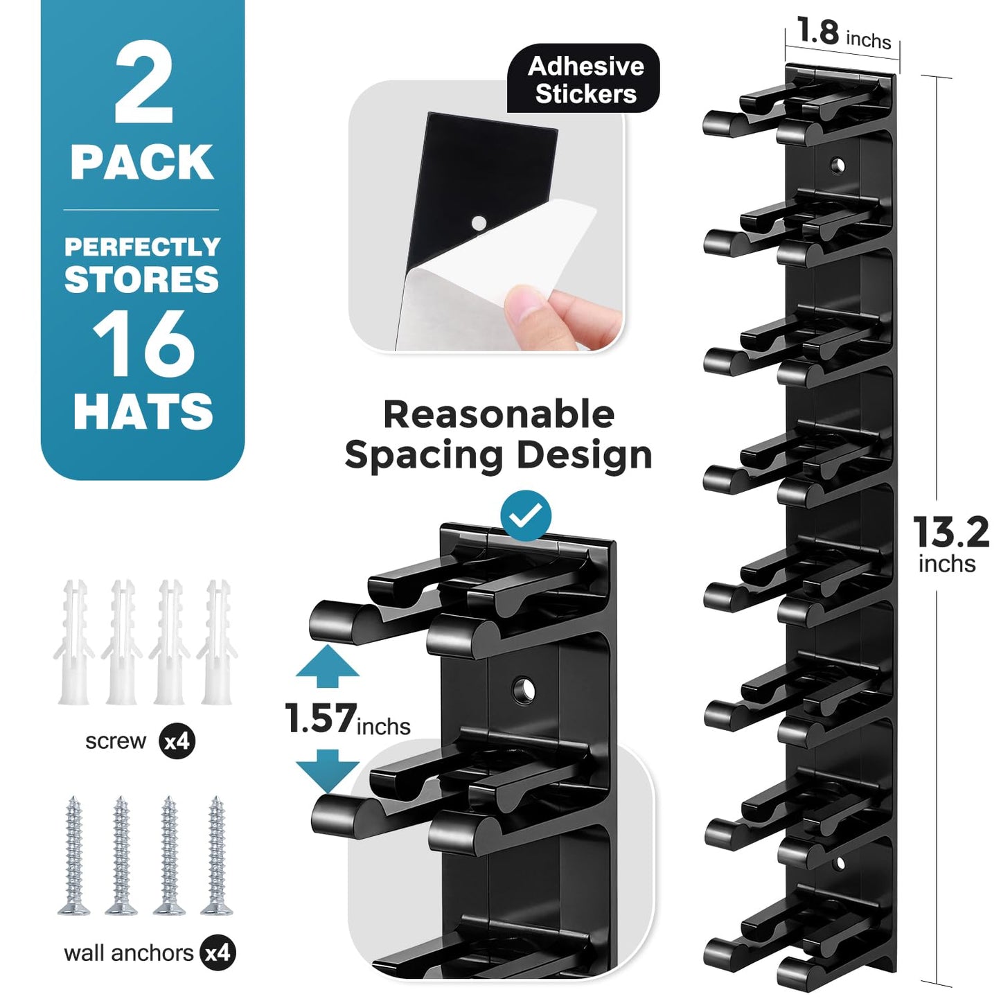 Hat Hook for Wall, 2 Pack Hat Organizer Hold up to 20 Hats,Hat Holder with Strong Adhesive and 8 Pack Screws, Cap Holder Hat Hangers for Wall Closet Door and Bedroom(B-Black) BST220