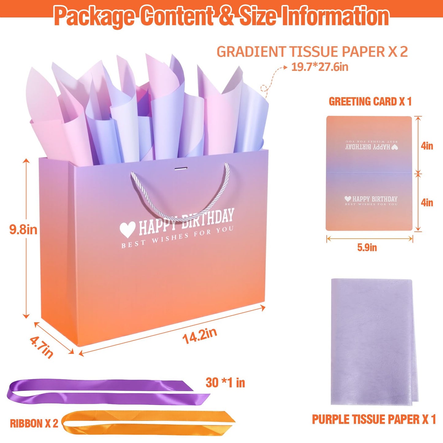 Kecorax Birthday Gift Bag for Women, 14" Large Birthday Bags Set for Girls with Tissue Paper, Card and Ribbons, Suitable for Birthday-themed Parties BST220