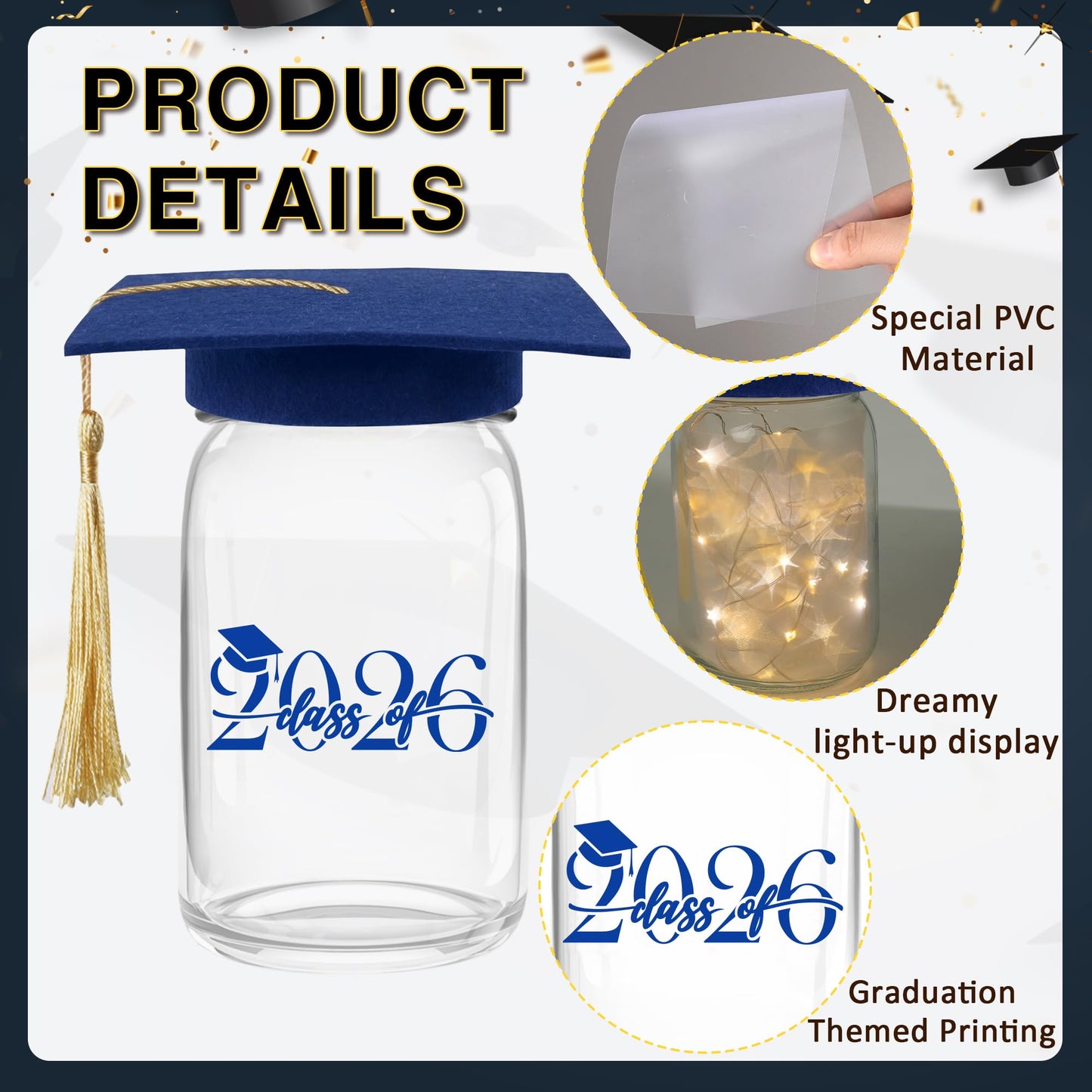 3 Sets 2026 Graduation Centerpieces for Tables, Glowing Mason Jar Centerpieces with Graduation Caps, Glowing Money Jars for College High School Congrats Grad Party Decor Supplies WN420