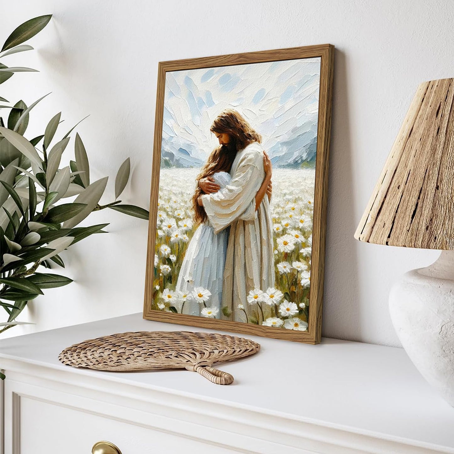 Framed 3D Textured Jesus Embracing Woman Wall Art, Jesus Hugging Woman Wall Decor Hand Drawn Sandstone Religious Christian Bible Painting Pictures for Bedroom Living Prayer Room 12x16 in Wood Framed BST202