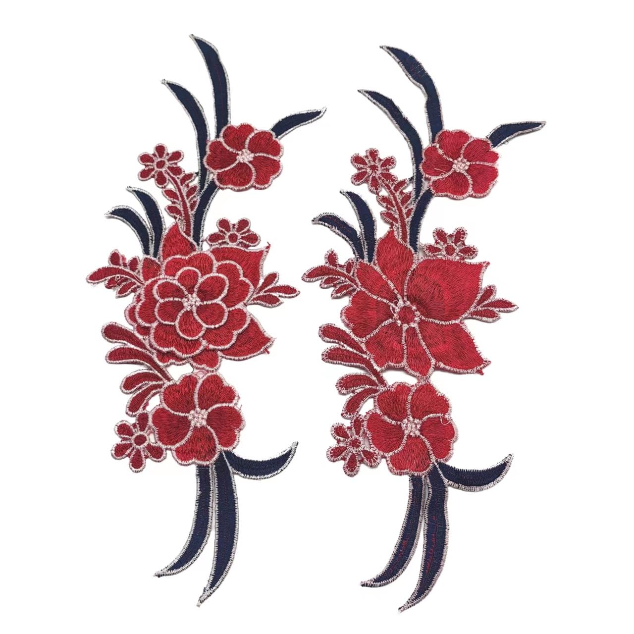 1Pair Red Blue Embroidery Lace Flower Fabric Applique Sew on Patches Embroidery Sewing Craft Decoration32.1x11.7cm BST220