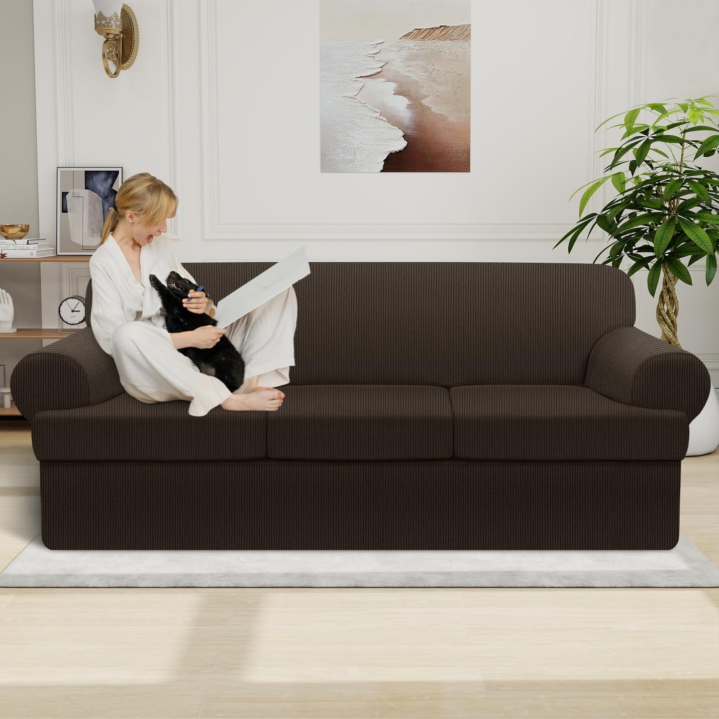 Waterproof Chair Cover with Arms 2-Piece Set Striped Slipcover for 1 Separate T Cushion Couch - TPU Fabric Armchair Covers Leakproof Couch Protector for Kids, Pets(Chair, Beige) BST220