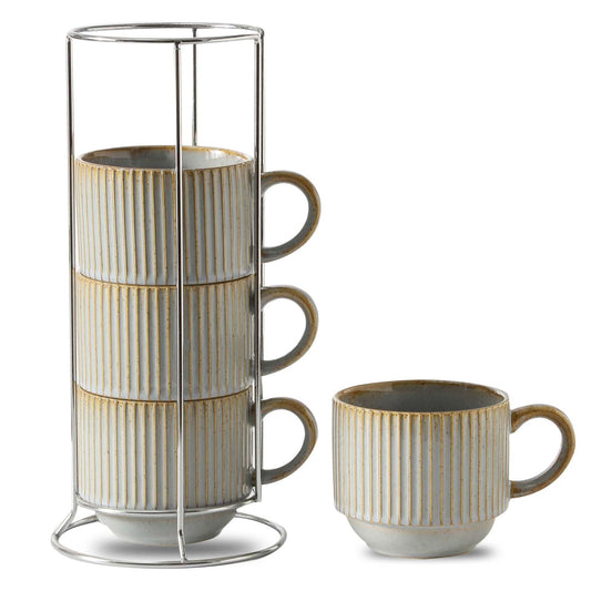 HASENSE 15 oz Ribbed Stackable Coffee Mug Set of 4, Porcelain Latte Cups with Metal Rack, Dishwasher & Microwave Safe, Cappuccino Tea Hot Cocoa, White BST220