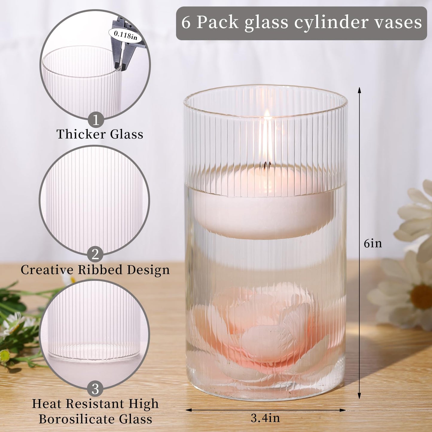 Glass Ribbed Cylinder Vases, 8 Inch Tall, Clear, Pack of 3 | Flower Vases in Bulk, Hurricane Floating Candle Vases, For Party Home Decor BST326H
