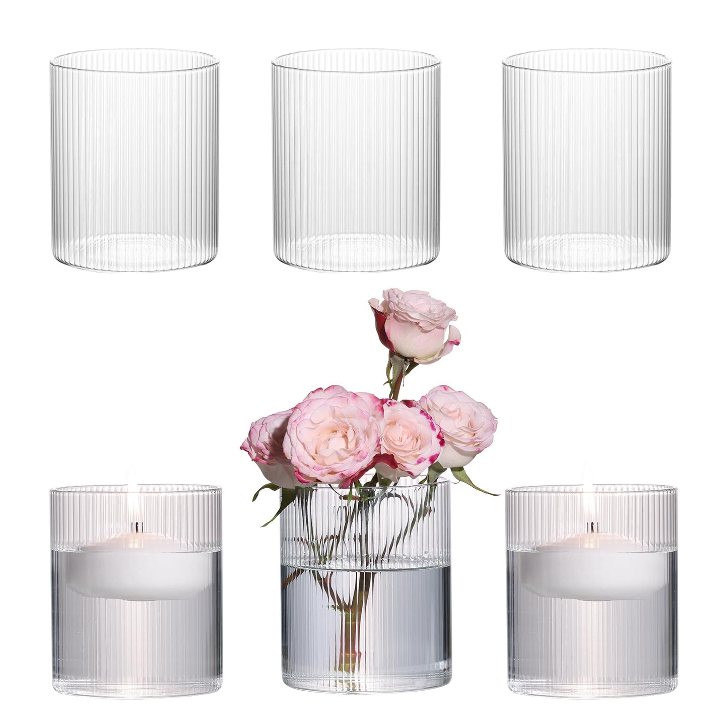 Glass Ribbed Cylinder Vases, 8 Inch Tall, Clear, Pack of 3 | Flower Vases in Bulk, Hurricane Floating Candle Vases, For Party Home Decor BST326H