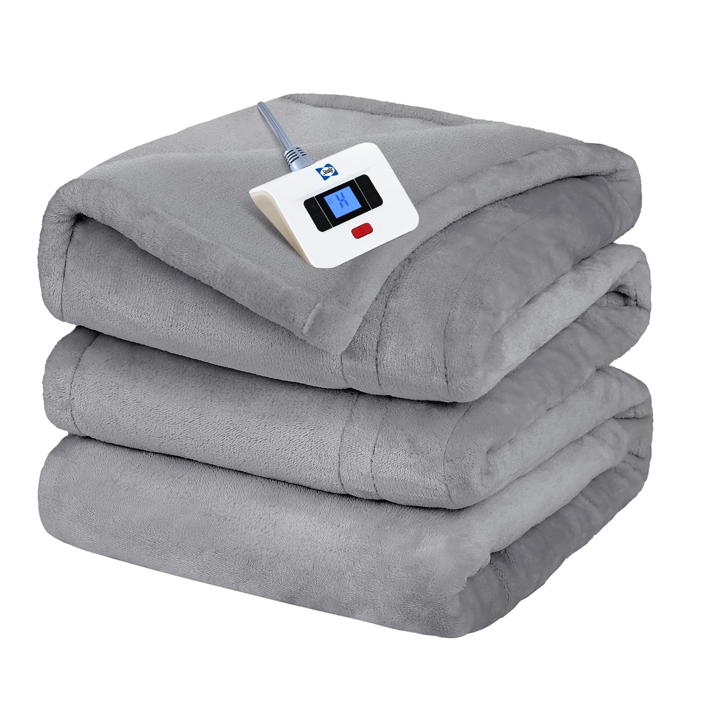 Sealy Heated Electric Blanket Queen Size, Flannel Electric Blanket with 10 Heating Levels & 1-12 Hours Auto Shut Off, Fast Heating Warming Blanket, Machine Washable, Grey, 84 x 90 Inch