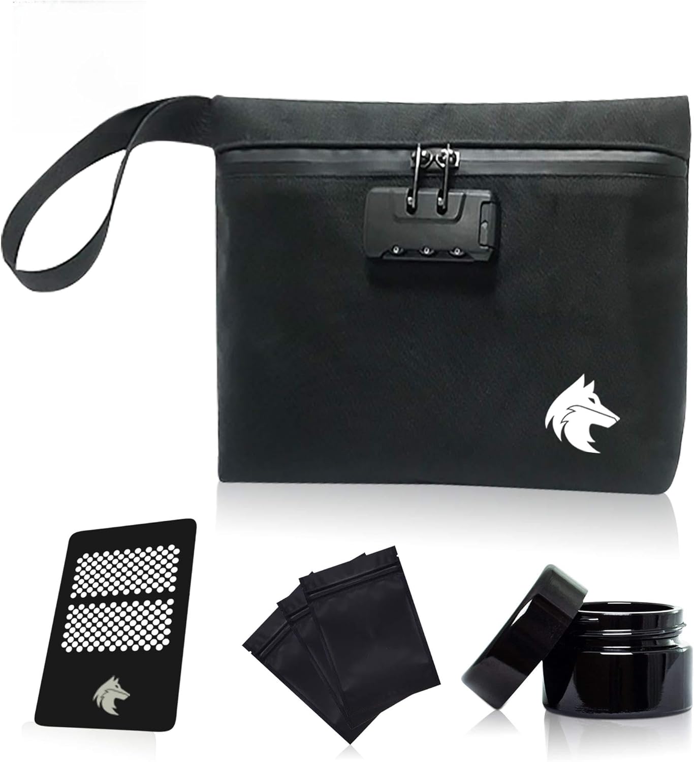 Upgraded Smell Proof Bag | 6 Piece Durable Waterproof Container Includes A Combination Lock, 3 Smell Proof Bags, Custom Grinder and A 50 Gram UV Blocking Herb Glass Container | 11x7.5x2.5 (Black)
