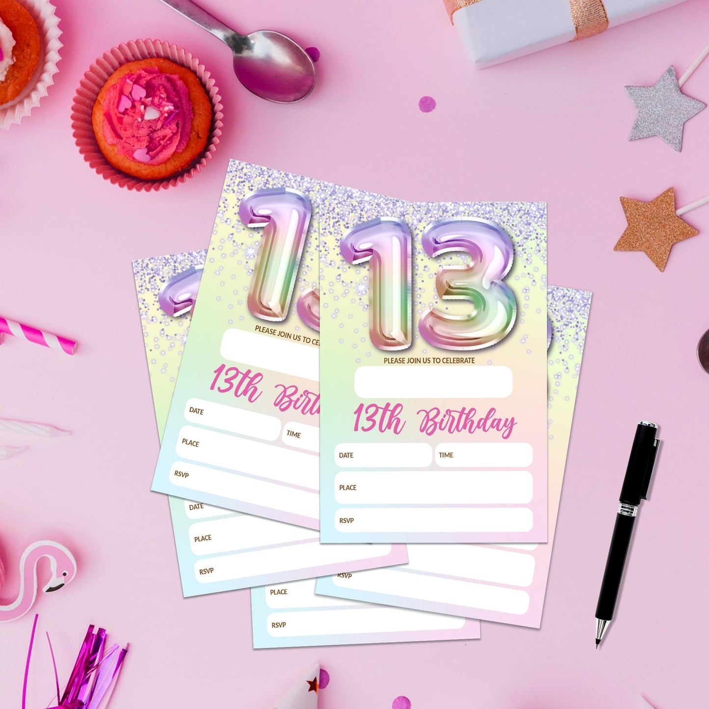 5th Birthday Invitations For Girl,Purple Glitter Birthday Invites, 20 Fill-in Rainbow Balloons Invitation Cards With Envelopes, Fifth Party Decorations 4x6 Inch-D05 WN420