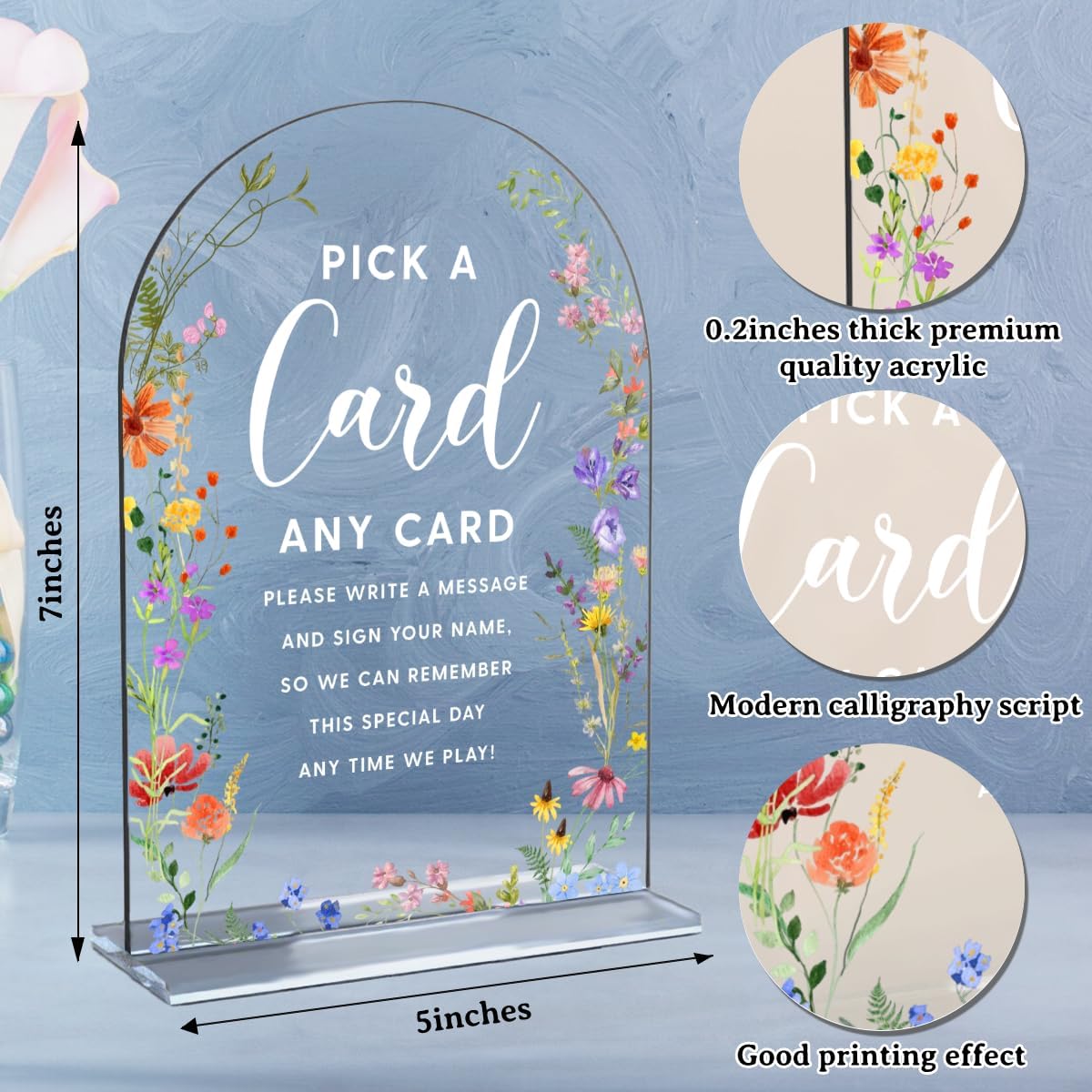 Acrylic Wedding Signs, Pick A Card Signs for Marriage Reception, Bridal Shower Decorations, Modern Arched Round Top Acrylic Table Top Sign with Holder for Wedding Party Dinner (Clear Wildflowers) BST326L