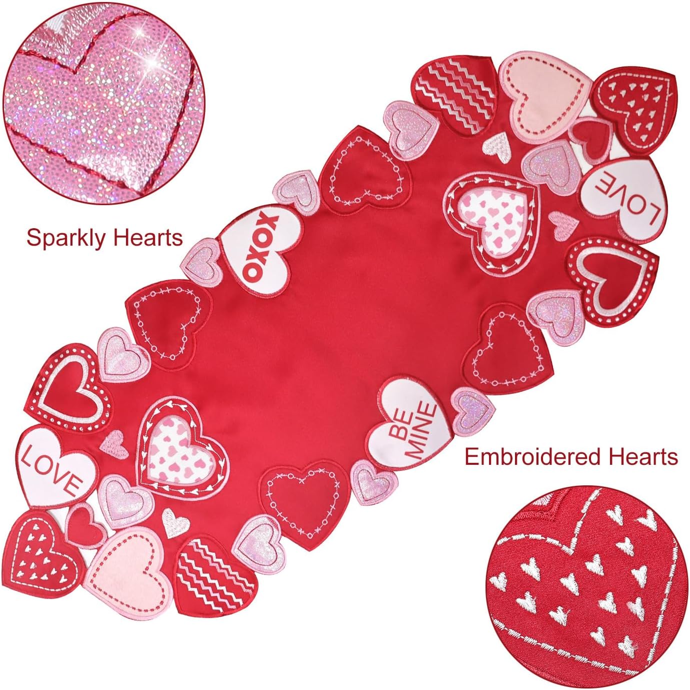 Valentines Table Runner Embroidered Red Love Heart Pink Valentines Day Runner for Table Decorations 54 inches Long Sparkle Cut Out Wedding XOXO BST202