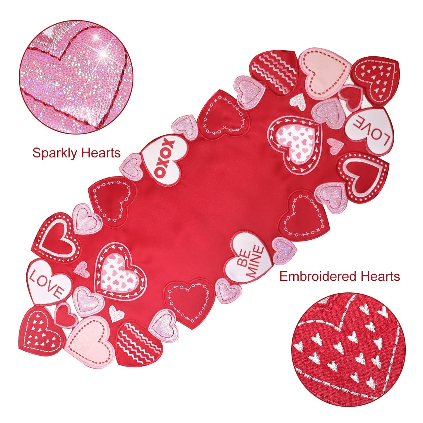 Valentines Table Runner Embroidered Red Love Heart Pink Valentines Day Runner for Table Decorations 54 inches Long Sparkle Cut Out Wedding XOXO BST202