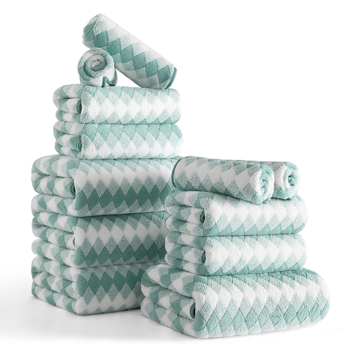 12 Pcs Light Gray Diamond Towel Set-4 Bath Towels,4 Hand Towels,4 Washcloths Soft Polyester Towels with Loop Absorbent Shower Towel Quick Dry Beach Chair Towel Family Towels for Bathroom Spa Gym Pool BST220