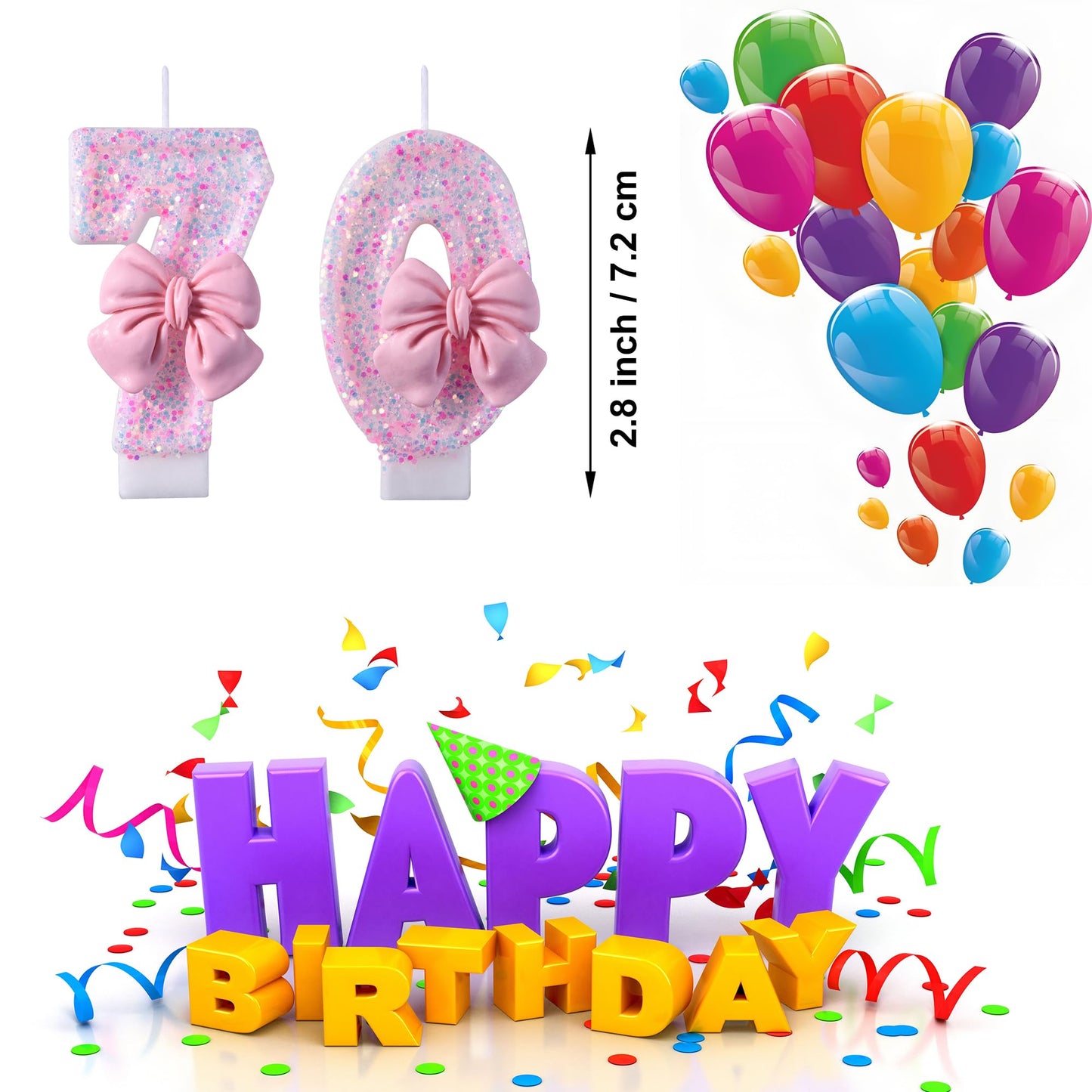 70th Birthday Candles, Pink 70 Year Old Number Birthday Candles for Women, Happy Birthday Party Cake Topper Decoration Gifts for 70th Wedding Anniversary Celebration BST220